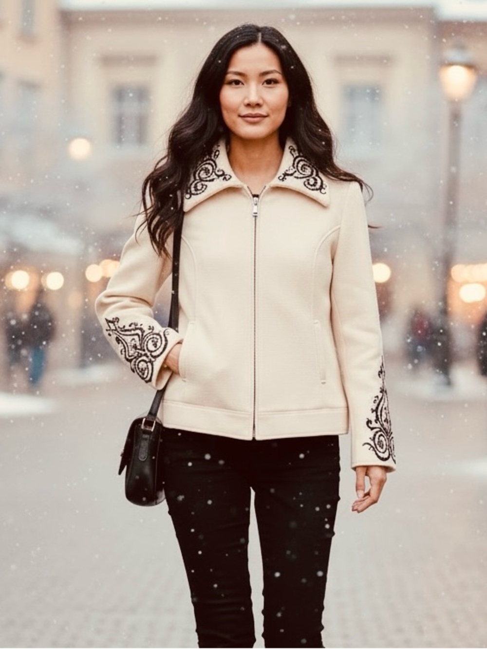 St. John Cream Gorgeous Zip-Front Jacket with Embroidered Collar & Cuffs Size 14
